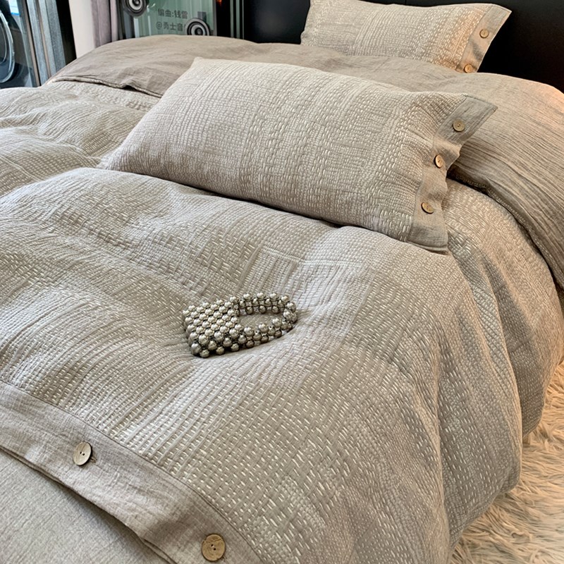 高端三层纱布全棉四件套简约加厚纯棉咖色被套1.8m床笠床上用品