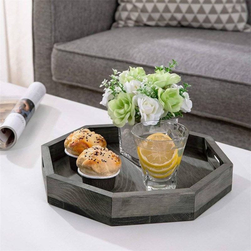 12 英寸复古灰色实木八角形托盘带镂空手柄红酒托盘小蛋糕展示架