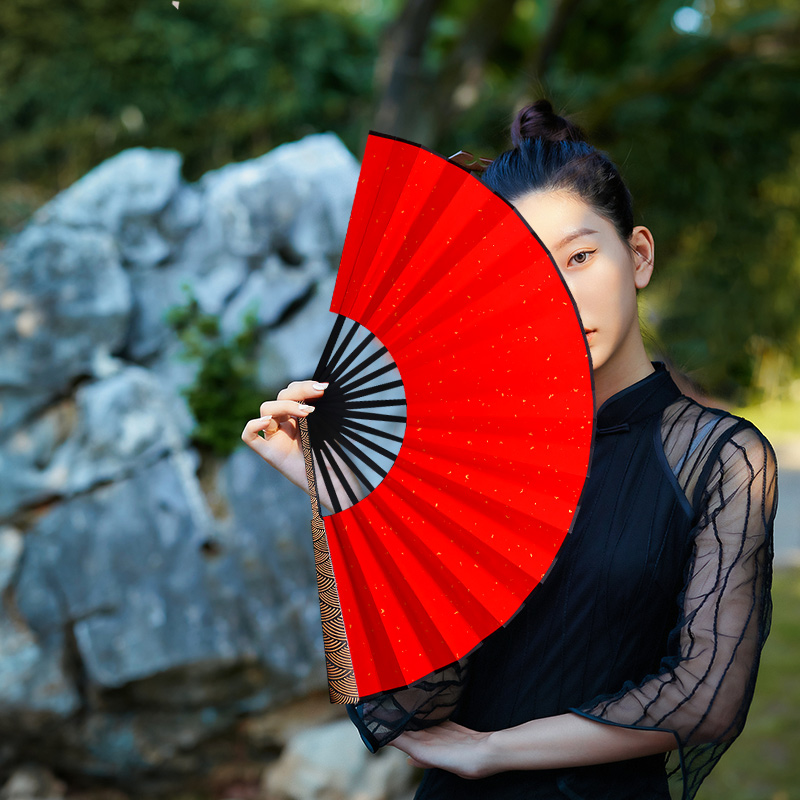 10寸云纹精雕刻宣纸折扇黑洒y金绢布海浪纹男女中国风国潮扇子定