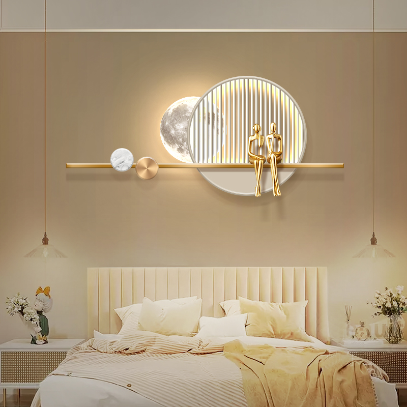 奶油风卧室床头装饰画led月球灯挂画轻奢客厅立体实物发光壁画