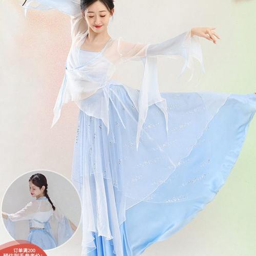 叶落清舞古典舞蹈服撞色网纱拼接大摆裙飘逸中国舞练功纱衣演出服