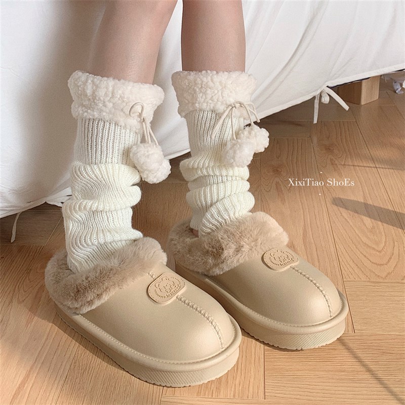 细细条复古简约卡通小熊防水棉拖鞋冬季男女居家保暖毛绒月子鞋