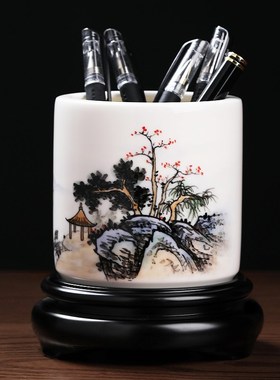 东方泥土 陶瓷手绘山水画笔筒摆件客厅书房博古架装饰送恩师礼品