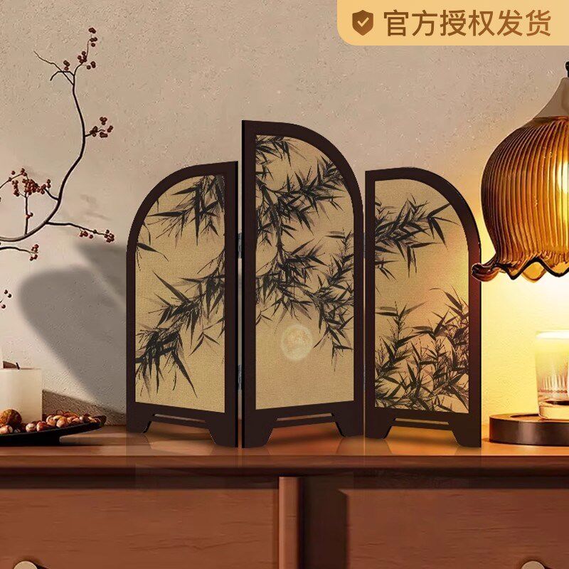 中古风墨竹小屏风新茶桌家居边柜斗柜装饰品复古摆画