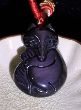 天然原石打磨七彩黑曜石狐狸 项链女士款 男款吊坠挂件项坠毛衣链