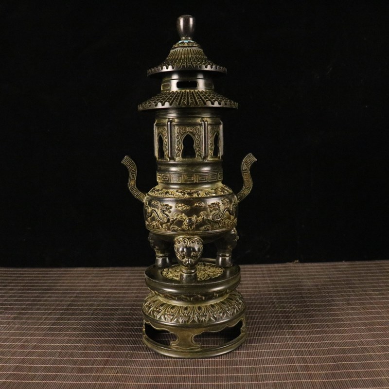 塔炉塔香青铜龙纹三足带底座老铜器E茶桌摆件书房客厅玄关高档铜
