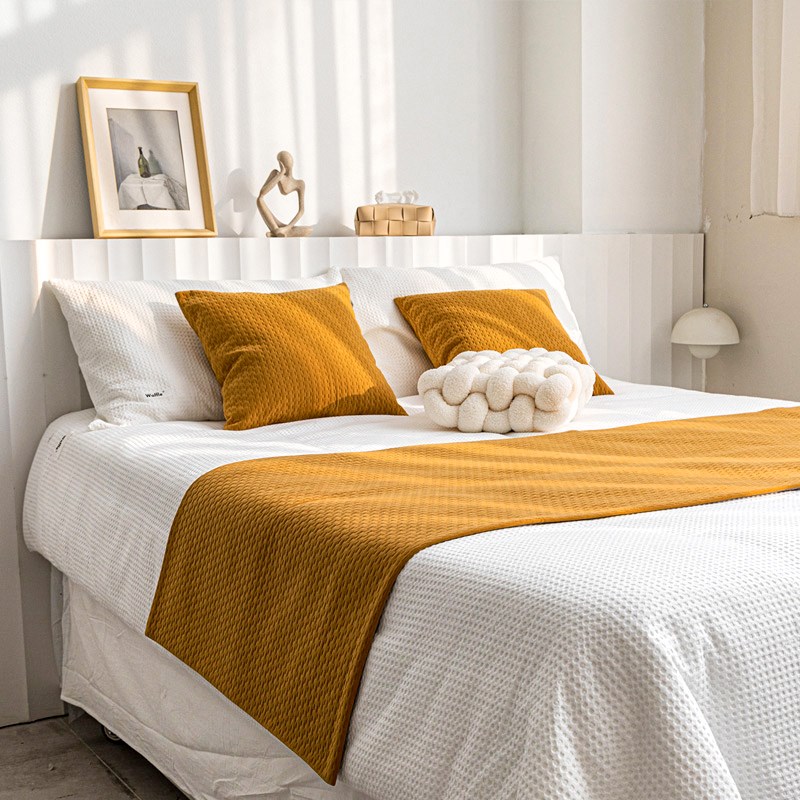 现代简约b酒店样板间床旗床尾巾抱枕黄色靠垫民宿床尾毯抱枕搭毯