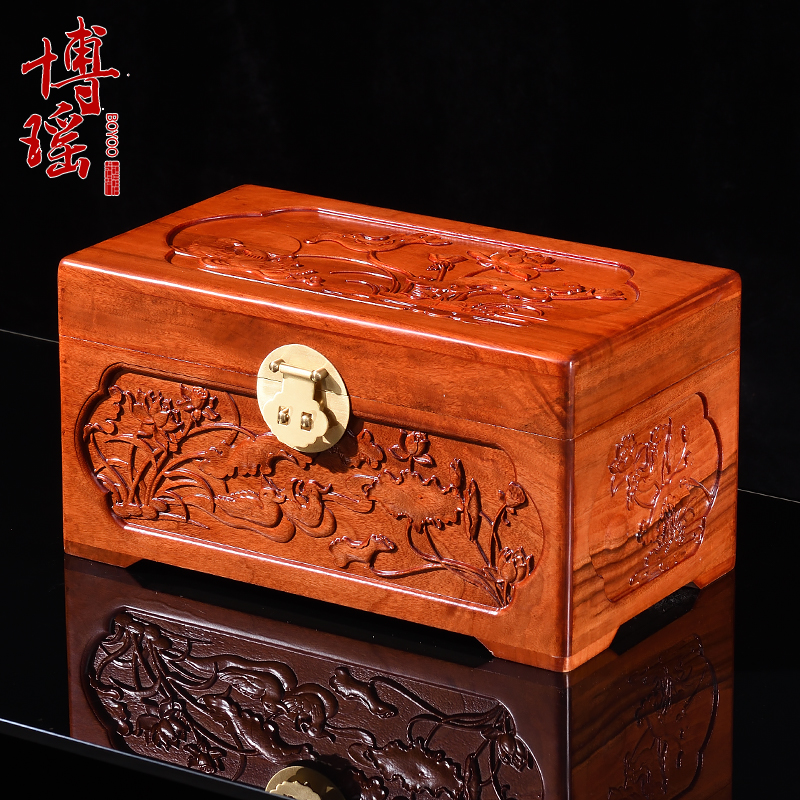 香樟木首饰盒婚嫁证件箱雕花嫁妆结婚实木樟木箱子收纳盒储物陪嫁