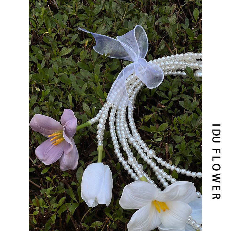 玛卡色郁金香珍珠瀑布手拎手链花婚礼婚纱新娘结婚手捧花拍照饰品