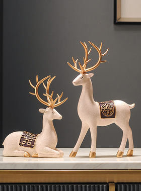 招财陶瓷小鹿摆件轻奢高档客厅酒柜办公桌家M居装饰品乔迁新居礼