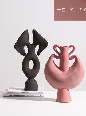 一匚 复古艺术黑色粉色陶瓷花瓶 样板间酒店客厅玄关艺术花器摆件