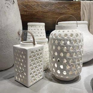 复古白色庭院户外花瓶民宿酒店陶瓷风灯样板间干花器大口大号摆件