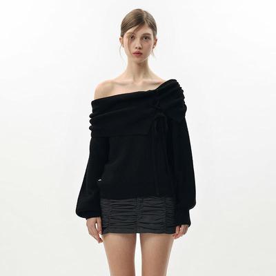 2024秋冬新款pain or pleasure露肩一字领针织毛衣女短款系带上衣