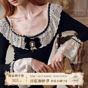 田园黑色针织打底连衣裙秋长袖 LaceMade 法式 琴音 通勤显瘦 庞贝