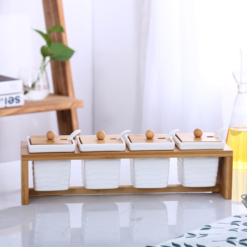 日式厨房陶瓷调味瓶调料罐四个套装调料盒家用调味罐盐罐带架子