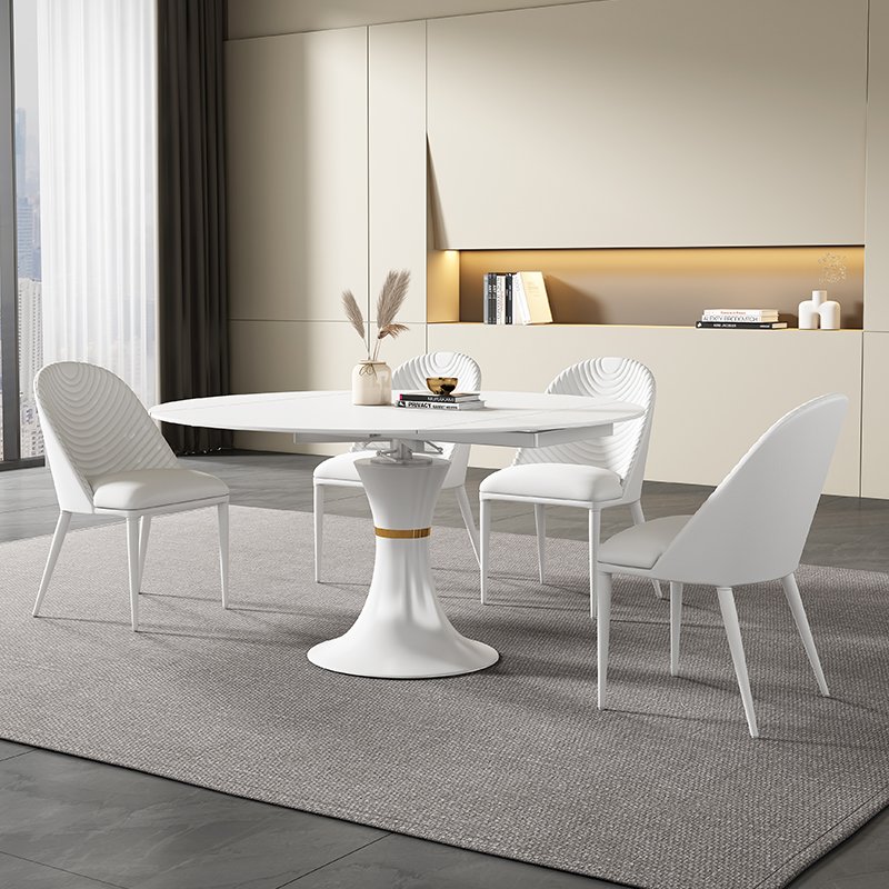 纯白岩板方e圆两用餐桌现代简约家用小户型旋转伸缩多功能折叠圆
