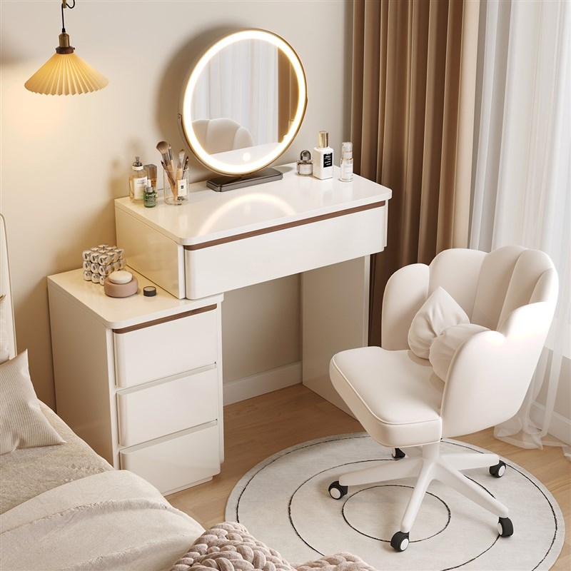 实木烤漆梳妆台卧室现代简约小户型6F0cm奶油风化妆桌收纳柜一体