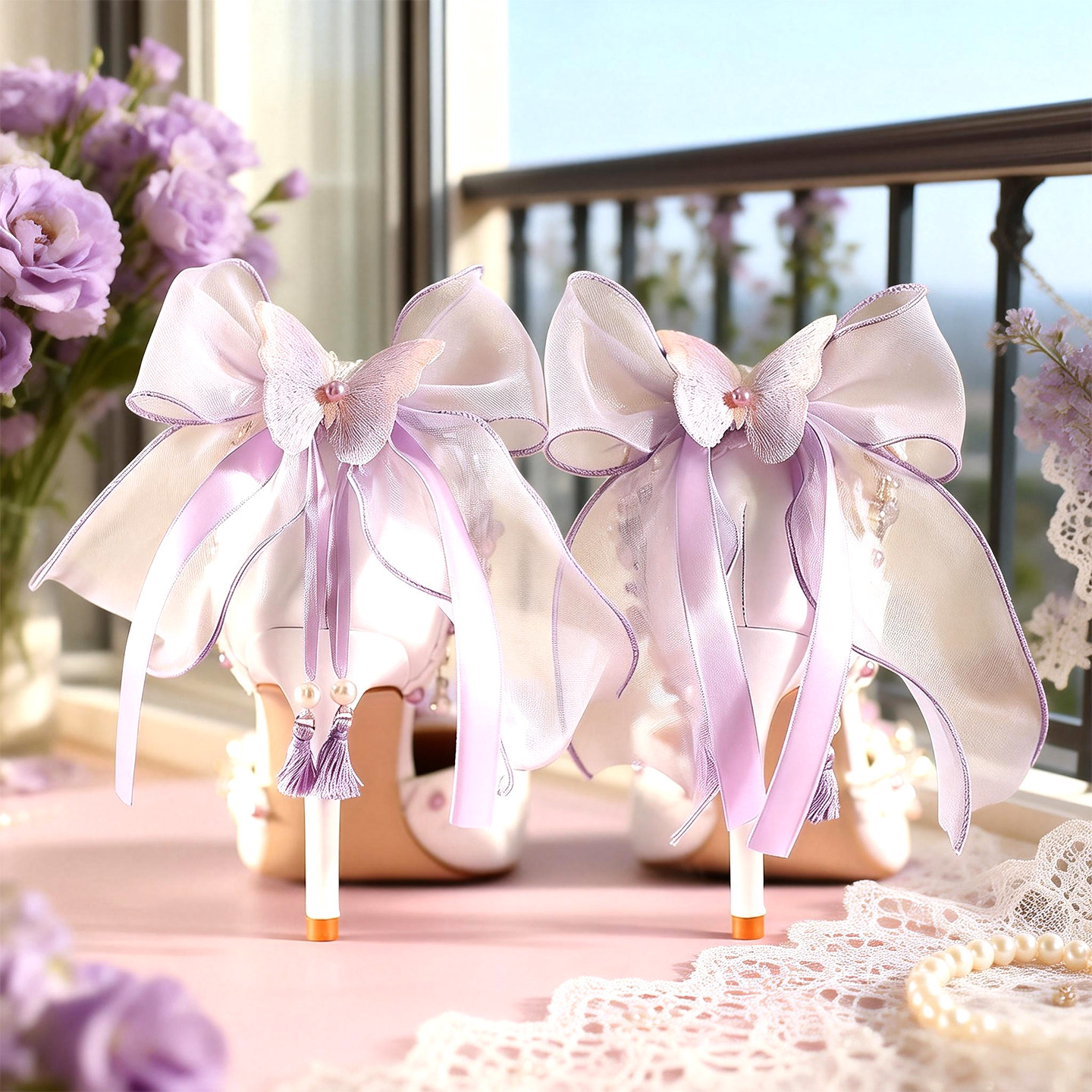 法式优雅薰衣草紫色Lolita蝴蝶结公主风花朵洛丽塔尖头高跟鞋cos,女鞋,婚鞋,淘宝优惠券,粉丝福利购,淘宝优惠卷