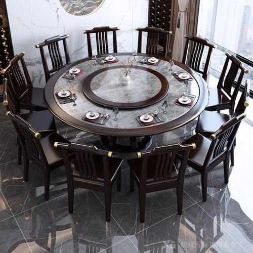 全实木岩板餐桌椅组合新中式轻奢圆桌圆形大理石家用吃饭桌子2m