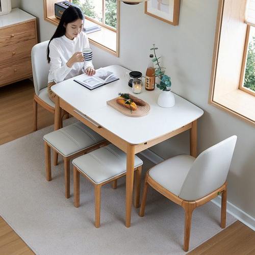 伸缩岩板餐桌小户型家用现代简约实木可折叠推拉饭桌子靠墙省空间