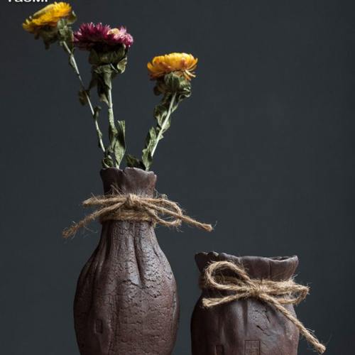 陶迷纯手工捏制绑绳花器卧室客厅禅意原矿小花瓶陶瓷家居饰品花插