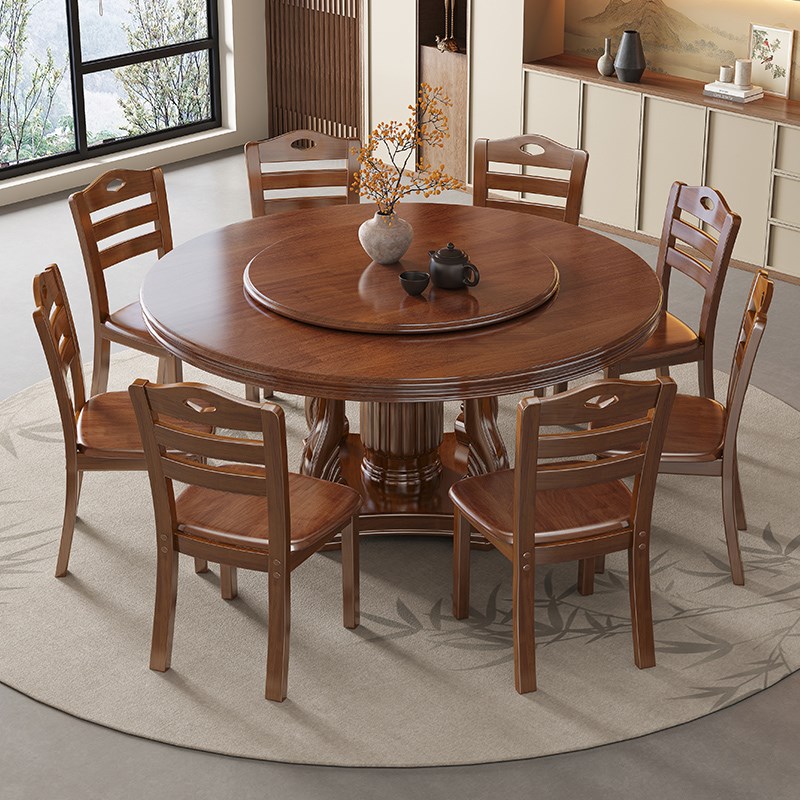 中式实木餐桌椅组合2025新款家用小户型饭桌客厅大W圆桌带转盘圆