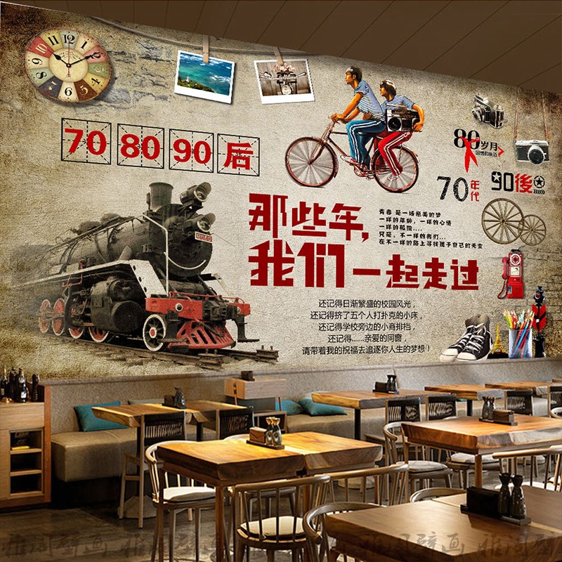 复古创意工业风酒吧背景墙纸餐厅奶茶店面个性咖啡馆清吧装饰壁画图片
