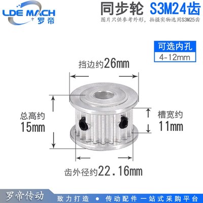 同步轮 S3M24齿 S3M24T 槽宽11 AF型 两面平 同步带轮 内孔4-12mm