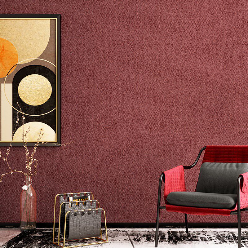 加厚亚麻布纹纯素色奶咖色复古红墙纸简约暖色卧室客厅杏子灰壁纸