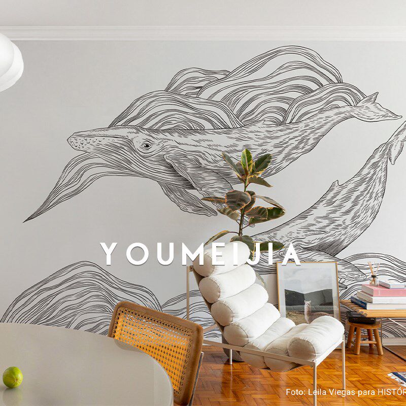 鲸鱼素描艺术墙布现代简约客厅卧室背景墙壁画定制无缝影视墙壁纸