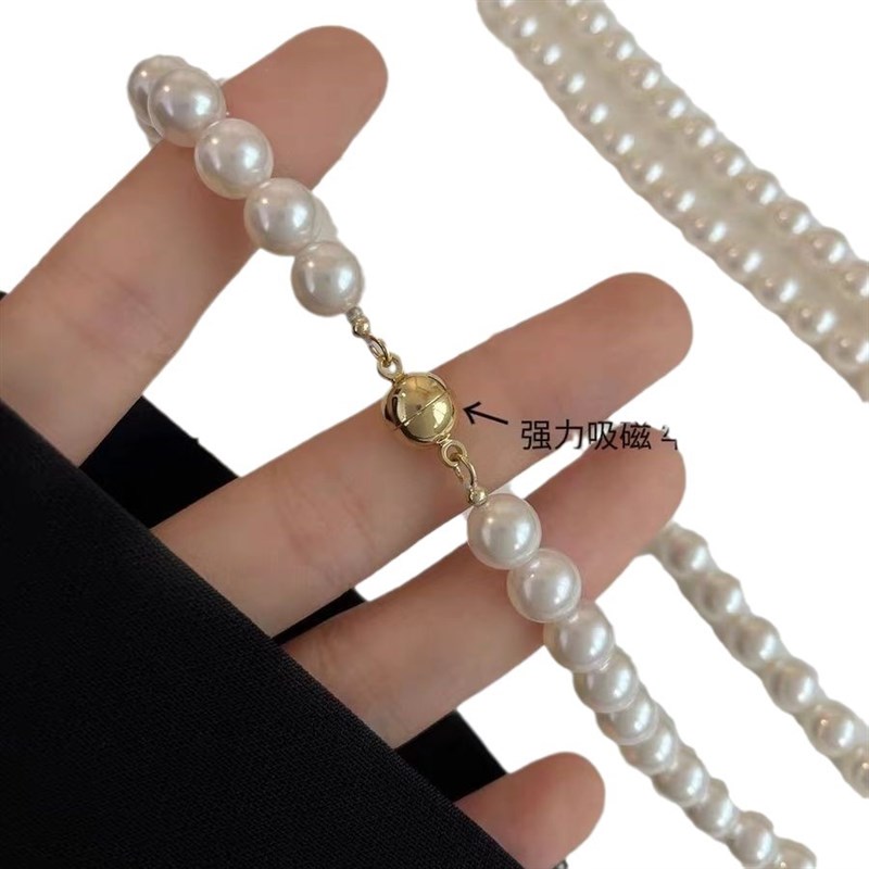 NK-1b73圆形磁铁扣珍珠项链玻璃珍珠可叠戴长款女毛衣链秋冬