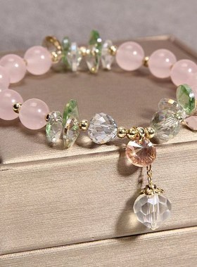 ins韩版甜美少女心粉水晶手链 单圈时尚女N士白猫眼石手串首饰