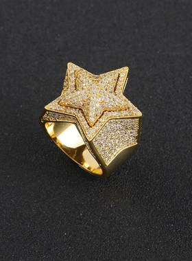 欧美嘻哈五角星立体戒指微镶满z锆石男士潮牌戒指嘻哈配饰厂家
