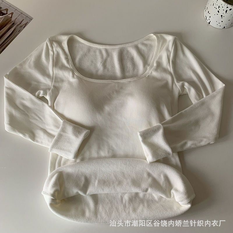 秋冬季保暖磨毛修身l打底衫女 带胸垫内搭显瘦低领加厚长袖T恤上