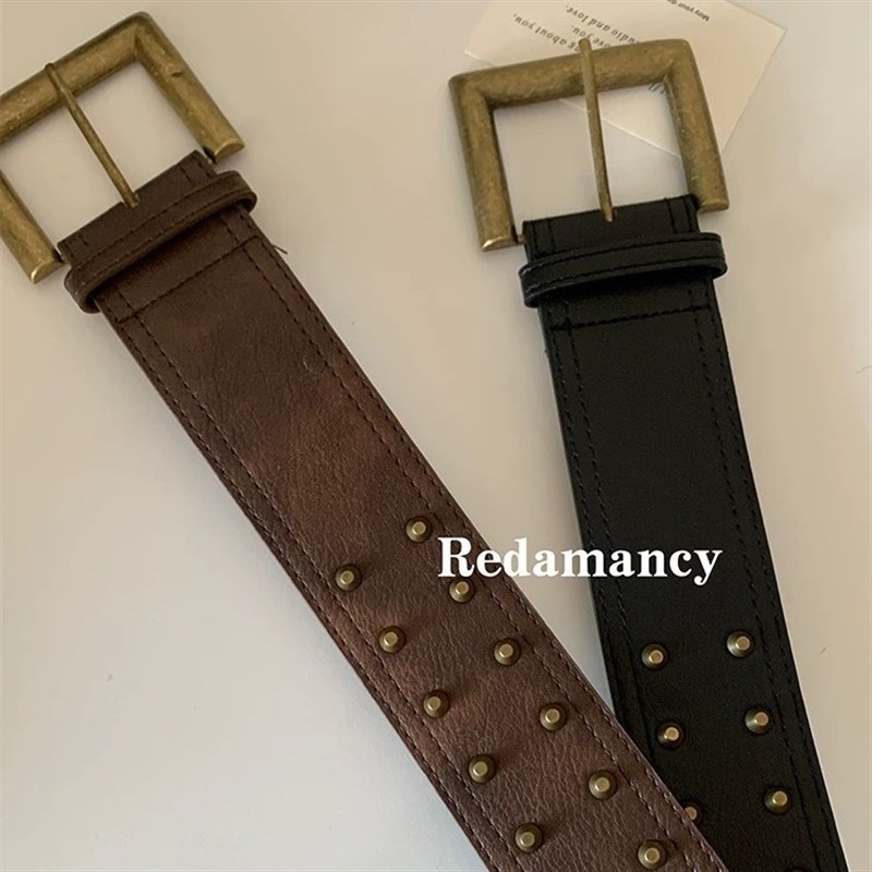 跨境铆钉腰带装饰水桶钉小众复古百搭宽皮带O朋克辣妹针扣腰封双
