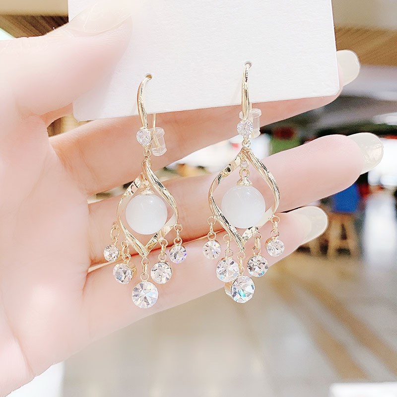 新款猫眼石耳环女气质高级感超闪螺旋水L钻流苏耳坠耳钩耳饰