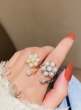 个性网红花朵珍珠戒指超仙铜微镶锆石开口指环Q女时尚设计气质优