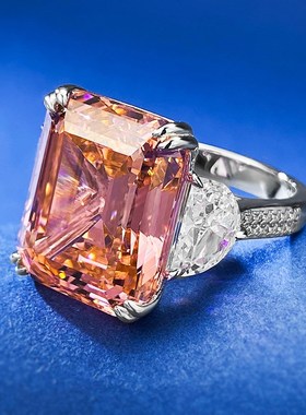 珠宝直播e款长方15克拉女戒款戒圈落日橙粉色阿斯切戒指s925银