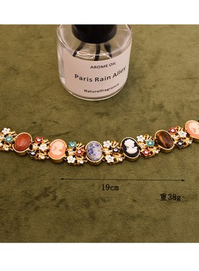 中古Vintage复古卡梅奥D雕天然石浮雕珐琅女士手链