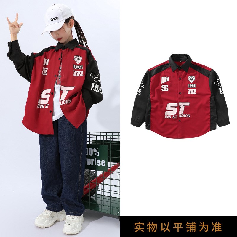 儿童街舞潮服g嘻哈牛仔裤宽松机车衬衫套装男女童hiphop表演出服