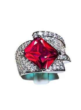 欧美轻奢设计感玫红钻豪华镶钻红C刚玉戒指女红宝石气质百搭开口