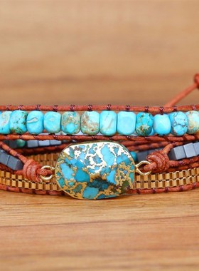 2023欧c美外贸 复古金线松链条手链 男女串珠天然石编织手链