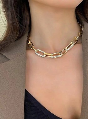 欧美夸张大粗链条金属装饰项链女潮IENS短款锁骨链闪钻拼接毛衣链