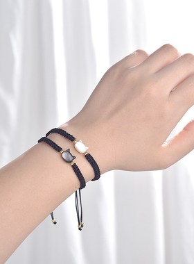 小众设计女贝n壳黑色猫咪手工编织手绳轻奢感手链闺蜜手串