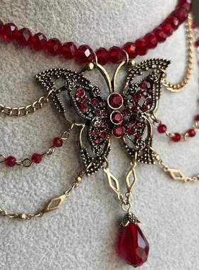 甜酷气质红色水晶l串珠蝴蝶流苏项链女轻奢复古夸张个性小众锁骨