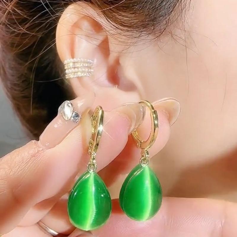 2023春季新款猫眼石水滴形耳扣时尚简约古O典气质精致显瘦耳环女
