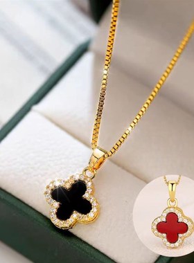 s925银玛瑙四叶草吊坠韩t系chic女款气质四叶草项链锁骨链时尚饰