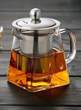 加厚玻璃花茶壶功夫红茶具不锈钢过滤泡茶杯冲茶器天圆地方公杯壶