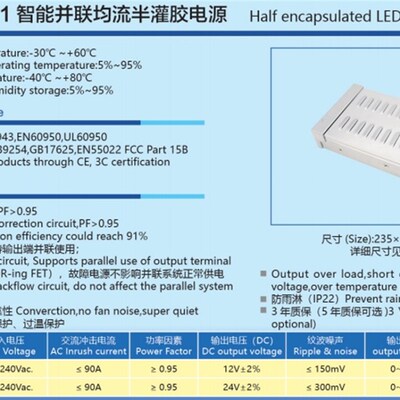 诚联400W24V智能并联均流电源带PFC带3C认证CL400-PAS1-24P