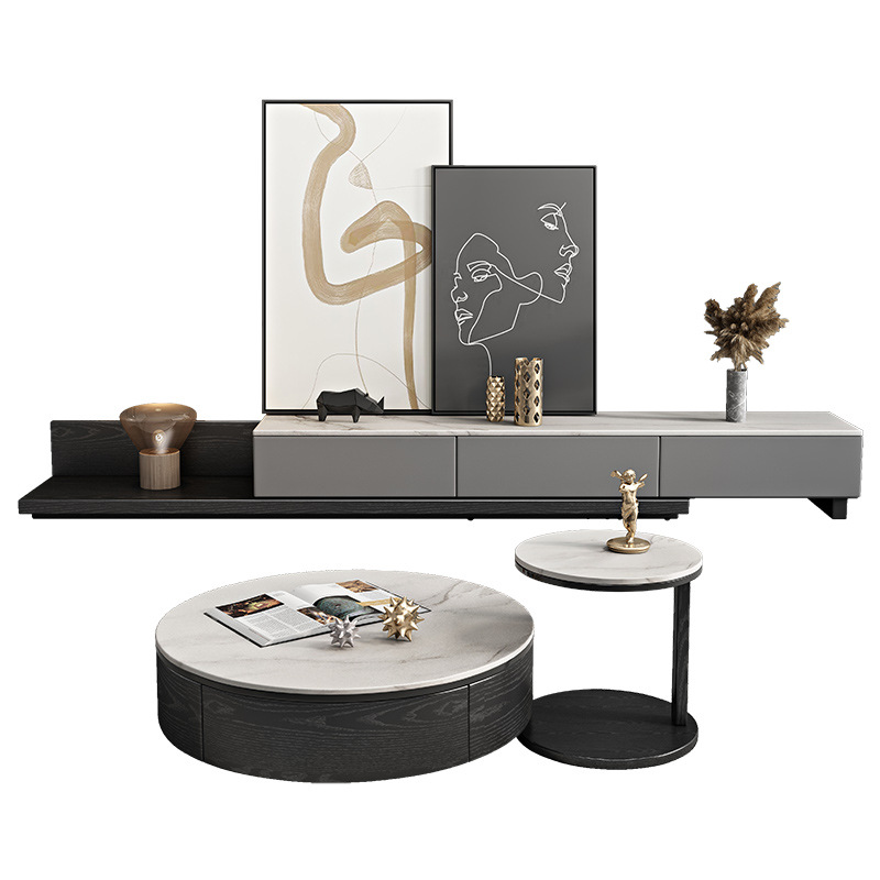 轻奢岩板茶几电视柜客厅家用大小户型现代简约可伸缩地柜家具组合
